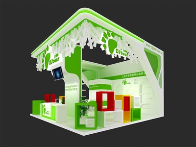 36平米展臺設(shè)計制作：三面開口/現(xiàn)代/木質(zhì)結(jié)構(gòu)/綠色，為文具圖書展展商而作（免費使用）