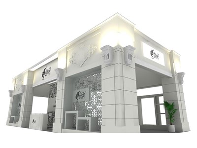 84平米展臺設(shè)計(jì)制作：四面開口/歐式/木質(zhì)結(jié)構(gòu)/白色，為紡織展展商而作（免費(fèi)使用）