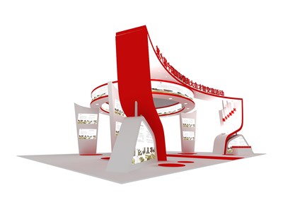 352平米展臺設計制作：四面開口/現(xiàn)代/木質(zhì)結(jié)構(gòu)/紅色，為成就招商展展商而作（免費使用）
