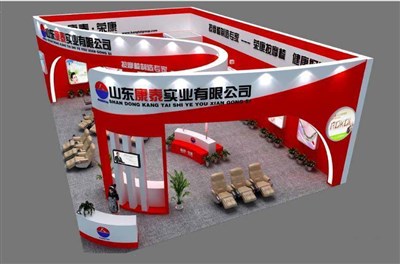 150平米展臺設(shè)計(jì)制作：二面開口/現(xiàn)代/木質(zhì)結(jié)構(gòu)/紅色，為體博會展商而作（免費(fèi)使用）