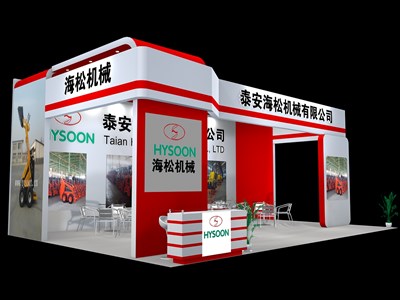 70平米展臺設計制作：三面開口/現代/木質結構/紅色，為汽配展展商而作（免費使用）