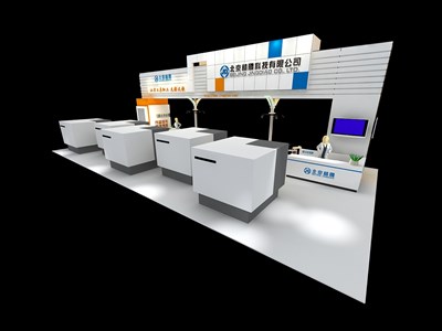 128平米展臺設計制作：四面開口/現(xiàn)代/木質結構/白色，為汽配展展商而作（免費使用）