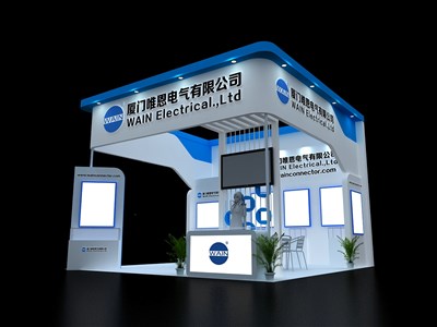 36平米展臺(tái)設(shè)計(jì)制作：三面開(kāi)口/現(xiàn)代/木質(zhì)結(jié)構(gòu)/藍(lán)色，為汽配展展商而作（免費(fèi)使用）