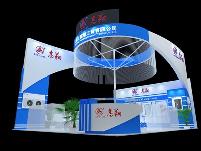 48平米展臺(tái)設(shè)計(jì)制作：三面開口/現(xiàn)代/木質(zhì)結(jié)構(gòu)/藍(lán)色，為汽配展展商而作（免費(fèi)使用）