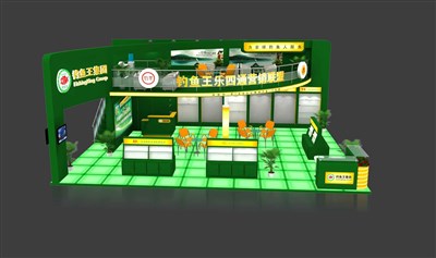 108平米展臺設(shè)計制作：三面開口/現(xiàn)代/木質(zhì)結(jié)構(gòu)/綠色，為釣具展展商而作（免費使用）