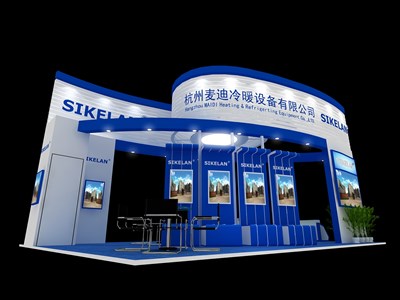 54平米展臺設計制作：四面開口/現(xiàn)代/木質(zhì)結構/藍色，為汽配展展商而作（免費使用）
