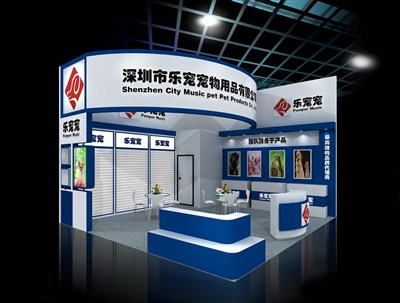 36平米展臺設計制作：二面開口/現(xiàn)代/木質(zhì)結構/藍色，為寵物水族展展商而作（免費使用）