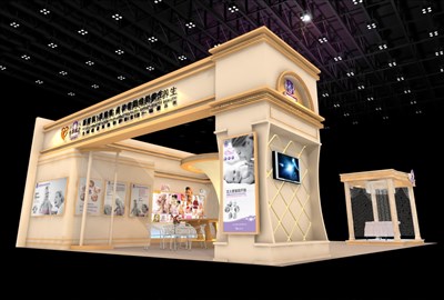 108平米展臺(tái)設(shè)計(jì)制作：三面開(kāi)口/歐式/木質(zhì)結(jié)構(gòu)/米色，為美博會(huì)展商而作（免費(fèi)使用）