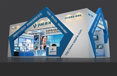 72平米展臺設(shè)計制作：二面開口/現(xiàn)代/木質(zhì)結(jié)構(gòu)/藍色，為安防展展商而作（免費使用）