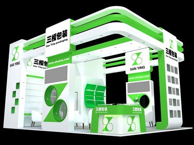 45平米展臺(tái)設(shè)計(jì)制作：三面開(kāi)口/現(xiàn)代/木質(zhì)結(jié)構(gòu)/白色，為美博會(huì)展商而作（免費(fèi)使用）