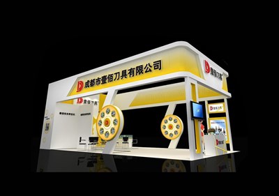 66平米展臺(tái)設(shè)計(jì)制作：三面開(kāi)口/現(xiàn)代/木質(zhì)結(jié)構(gòu)/黃色，為汽配展展商而作（免費(fèi)使用）
