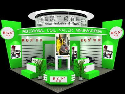 36平米展臺設計制作：二面開口/現(xiàn)代/木質結構/綠色，為汽配展展商而作（免費使用）