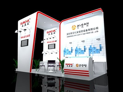 18平米展臺設計制作：三面開口/現(xiàn)代/木質結構/白色，為安防展展商而作（免費使用）
