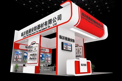 54平米展臺設計制作：三面開口/現(xiàn)代/木質(zhì)結(jié)構(gòu)/紅色，為安防展展商而作（免費使用）
