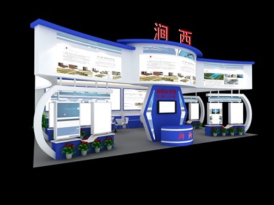 60平米展臺設(shè)計(jì)制作：一面開口/現(xiàn)代/木質(zhì)結(jié)構(gòu)/藍(lán)色，為農(nóng)交會展商而作（免費(fèi)使用）