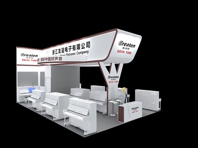 54平米展臺設(shè)計(jì)制作：三面開口/現(xiàn)代/木質(zhì)結(jié)構(gòu)/白色，為樂器展展商而作（免費(fèi)使用）