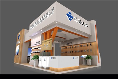 72平米展臺設計制作：三面開口/現(xiàn)代/木質(zhì)結(jié)構(gòu)/米色，為安防展展商而作（免費使用）