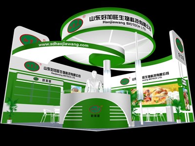 48平米展臺設(shè)計制作：二面開口/現(xiàn)代/木質(zhì)結(jié)構(gòu)/綠色，為食品展展商而作（免費(fèi)使用）