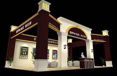 70平米展臺設(shè)計(jì)制作：三面開口/歐式/木質(zhì)結(jié)構(gòu)/米色，為食品展展商而作（免費(fèi)使用）
