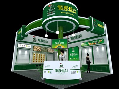 48平米展臺設(shè)計制作：二面開口/現(xiàn)代/木質(zhì)結(jié)構(gòu)/綠色，為食品展展商而作（免費(fèi)使用）