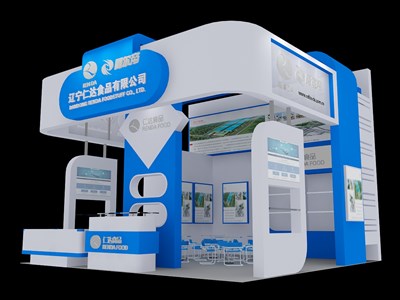36平米展臺設(shè)計制作：三面開口/現(xiàn)代/木質(zhì)結(jié)構(gòu)/白色，為食品展展商而作（免費(fèi)使用）