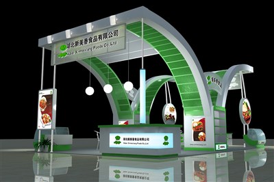 60平米展臺設(shè)計制作：四面開口/前衛(wèi)/木質(zhì)結(jié)構(gòu)/綠色，為食品展展商而作（免費使用）