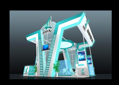36平米展臺(tái)設(shè)計(jì)制作：三面開口/現(xiàn)代/木質(zhì)結(jié)構(gòu)/藍(lán)色，為家電展展商而作（免費(fèi)使用）
