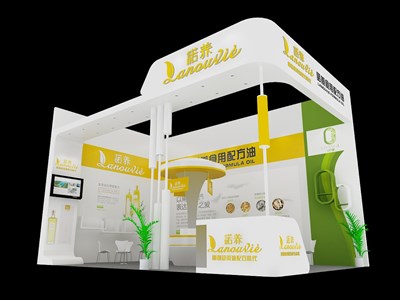 40平米展臺設(shè)計制作：二面開口/現(xiàn)代/木質(zhì)結(jié)構(gòu)/白色，為食品展展商而作（免費使用）