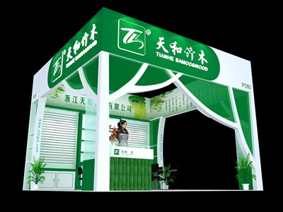 36平米展臺設(shè)計制作：三面開口/現(xiàn)代/木質(zhì)結(jié)構(gòu)/綠色，為食品展展商而作（免費(fèi)使用）