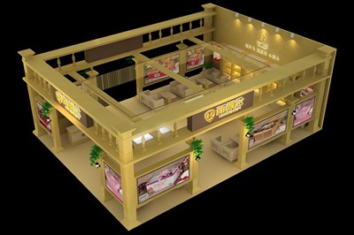 108平米展臺設(shè)計(jì)制作：三面開口/歐式/木質(zhì)結(jié)構(gòu)/黃色，為日用品展展商而作（免費(fèi)使用）