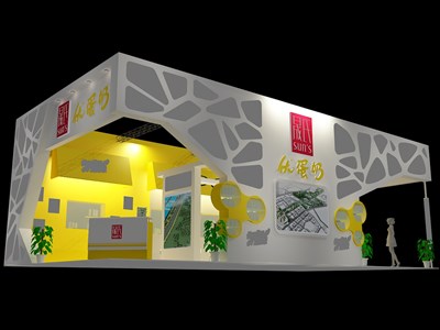 104.4平米展臺設(shè)計制作：三面開口/現(xiàn)代/型材結(jié)構(gòu)/白色，為食品展展商而作（免費(fèi)使用）
