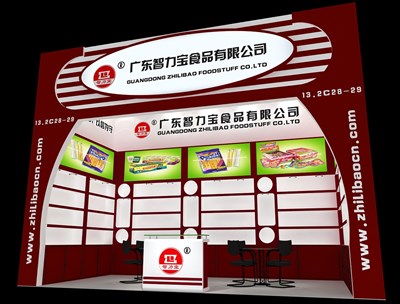 18平米展臺(tái)設(shè)計(jì)制作：一面開(kāi)口/現(xiàn)代/木質(zhì)結(jié)構(gòu)/紅色，為食品展展商而作（免費(fèi)使用）