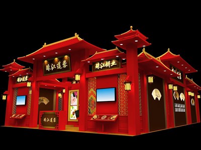 117平米展臺設計制作：二面開口/中式/木質結構/紅色，為食品展展商而作（免費使用）