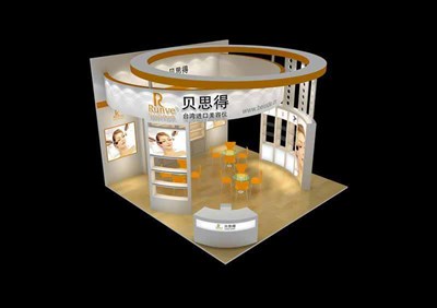 36平米展臺(tái)設(shè)計(jì)制作：四面開口/現(xiàn)代/木質(zhì)結(jié)構(gòu)/白色，為美博會(huì)展商而作（免費(fèi)使用）
