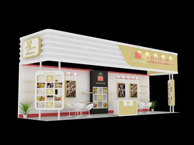 36平米展臺設(shè)計(jì)制作：三面開口/現(xiàn)代/木質(zhì)結(jié)構(gòu)/米色，為食品展展商而作（免費(fèi)使用）