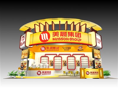 60平米展臺(tái)設(shè)計(jì)制作：三面開口/現(xiàn)代/木質(zhì)結(jié)構(gòu)/黃色，為食品展展商而作（免費(fèi)使用）