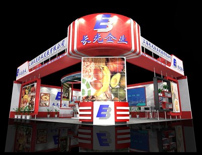 89.2平米展臺設(shè)計制作：二面開口/現(xiàn)代/木質(zhì)結(jié)構(gòu)/紅色，為食品展展商而作（免費使用）