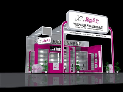 54平米展臺設(shè)計制作：三面開口/現(xiàn)代/木質(zhì)結(jié)構(gòu)/粉色，為美博會展商而作（免費使用）