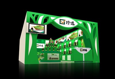 28平米展臺(tái)設(shè)計(jì)制作：一面開(kāi)口/現(xiàn)代/木質(zhì)結(jié)構(gòu)/綠色，為食品展展商而作（免費(fèi)使用）