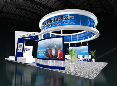 84平米展臺設(shè)計(jì)制作：四面開口/現(xiàn)代/木質(zhì)結(jié)構(gòu)/藍(lán)色，為汽配展展商而作（免費(fèi)使用）