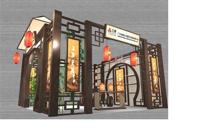 36平米展臺(tái)設(shè)計(jì)制作：三面開口/中式/木質(zhì)結(jié)構(gòu)/咖啡色，為家電展展商而作（免費(fèi)使用）