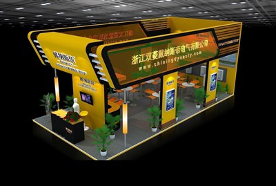 72平米展臺設計制作：三面開口/現(xiàn)代/木質結構/黃色，為家電展展商而作（免費使用）
