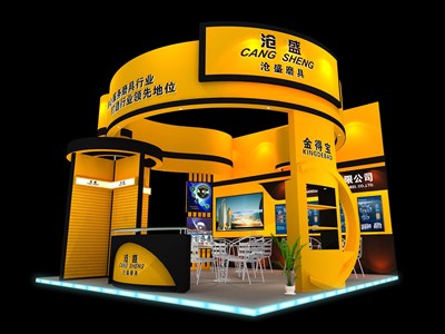 36平米展臺(tái)設(shè)計(jì)制作：三面開口/現(xiàn)代/木質(zhì)結(jié)構(gòu)/黃色，為汽配展展商而作（免費(fèi)使用）