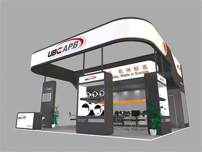 64平米展臺設(shè)計制作：三面開口/現(xiàn)代/木質(zhì)結(jié)構(gòu)/黑色，為機(jī)械展展商而作（免費(fèi)使用）