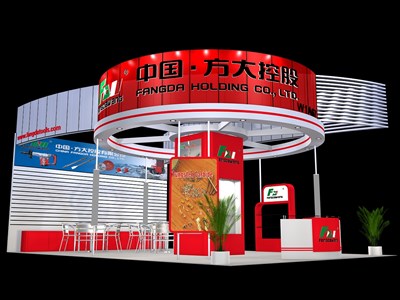 54平米展臺(tái)設(shè)計(jì)制作：三面開(kāi)口/現(xiàn)代/木質(zhì)結(jié)構(gòu)/紅色，為汽配展展商而作（免費(fèi)使用）
