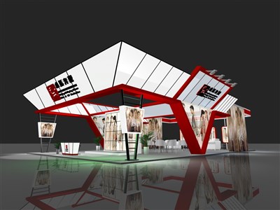 144平米展臺設(shè)計制作：四面開口/現(xiàn)代/型材結(jié)構(gòu)/紅色，為機(jī)械展展商而作（免費使用）