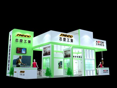 72平米展臺設計制作：四面開口/現(xiàn)代/木質(zhì)結(jié)構(gòu)/綠色，為汽配展展商而作（免費使用）