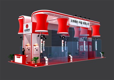 90平米展臺設(shè)計制作：四面開口/現(xiàn)代/木質(zhì)結(jié)構(gòu)/紅色，為機(jī)械展展商而作（免費(fèi)使用）