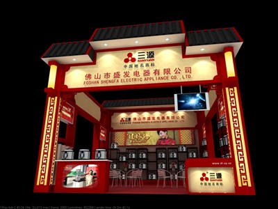 36平米展臺(tái)設(shè)計(jì)制作：三面開(kāi)口/中式/木質(zhì)結(jié)構(gòu)/紅色，為家電展展商而作（免費(fèi)使用）