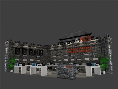 70平米展臺設(shè)計制作：二面開口/中式/木質(zhì)結(jié)構(gòu)/灰色，為家電展展商而作（免費使用）
